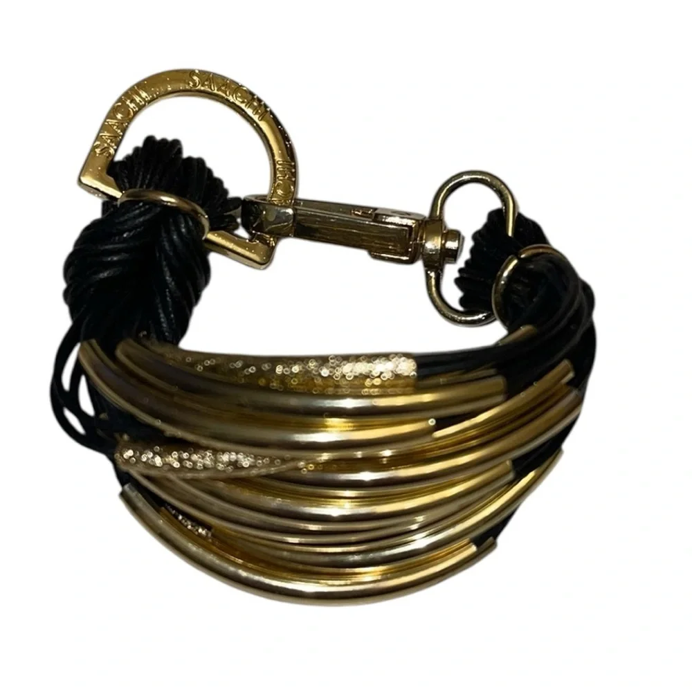 SAACHI Black & Gold Multi-Strand Bracelet - Black Cord with Gold Tube Beads